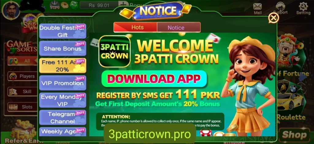 3 Patti Crown Game 2025 111 Number Bind Bonus