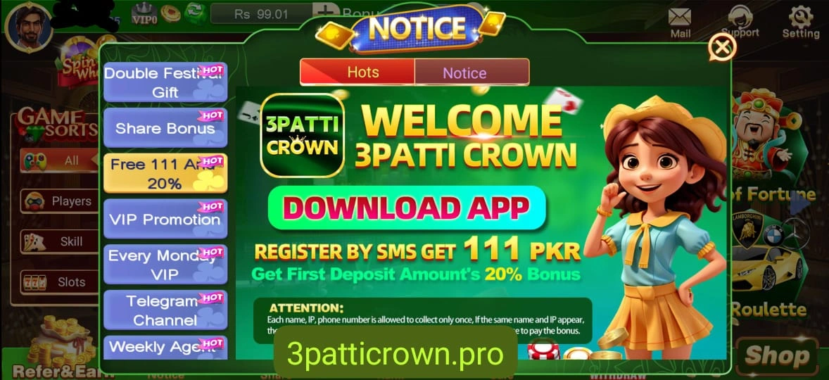3 Patti Crown Game 2025 111 Number Bind Bonus