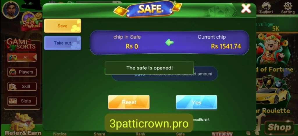 3 Patti Crown Safe Amount Program
