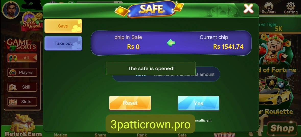3 Patti Crown Safe Amount Program